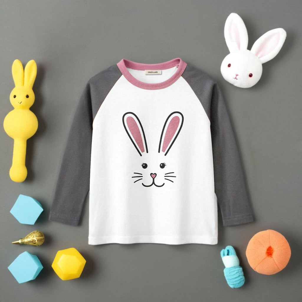 Girls Rabbit Print Long Sleeves T-Shirt Tshirts Gray 1-2 Y 