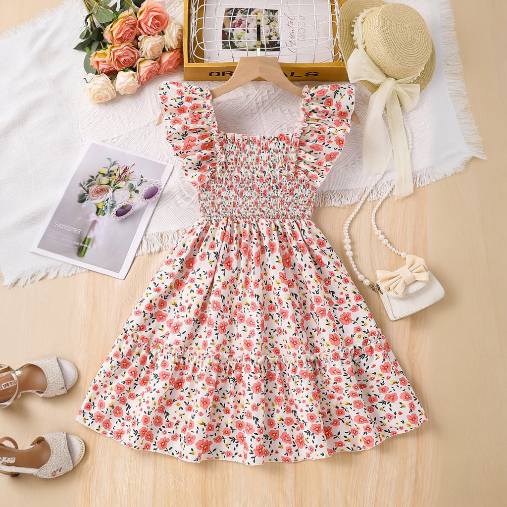 Girls Light Pink Flower Printed Square Neck Fit & Flare Smocked Dress Casual Dresses