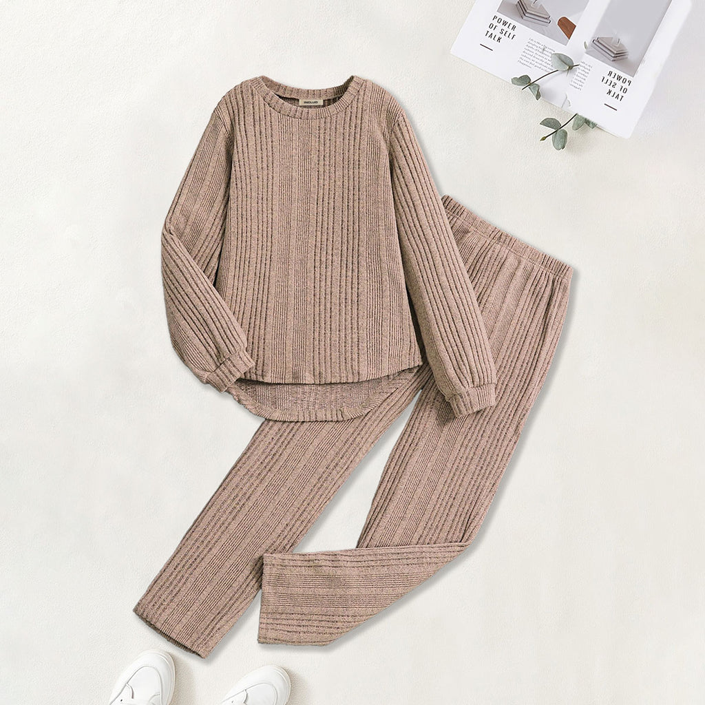 Girls Warm Beige Self-Design Stripes High-Low Top With Pants Co-ord Sets 2 pc. Sets Beige 7-8 Y