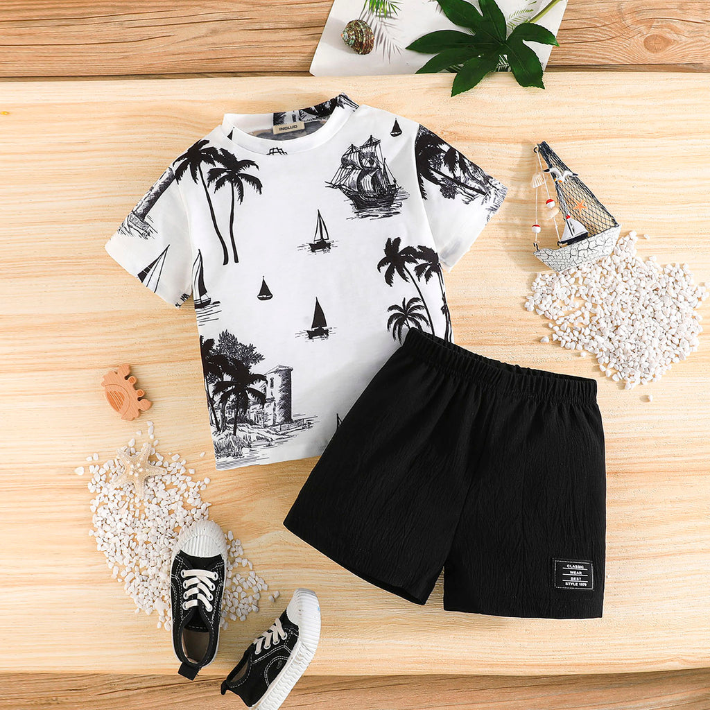 Boys Black Tropical Print Short Sleeve T-Shirt With Shorts Set 2 pc. Sets Black 3-4 Y