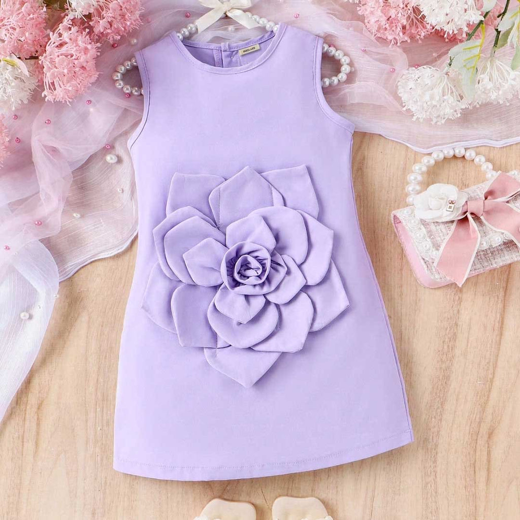 Girls Sleeveless Flower Applique A-Line Dress Casual Dresses Purple 4-5 Y 