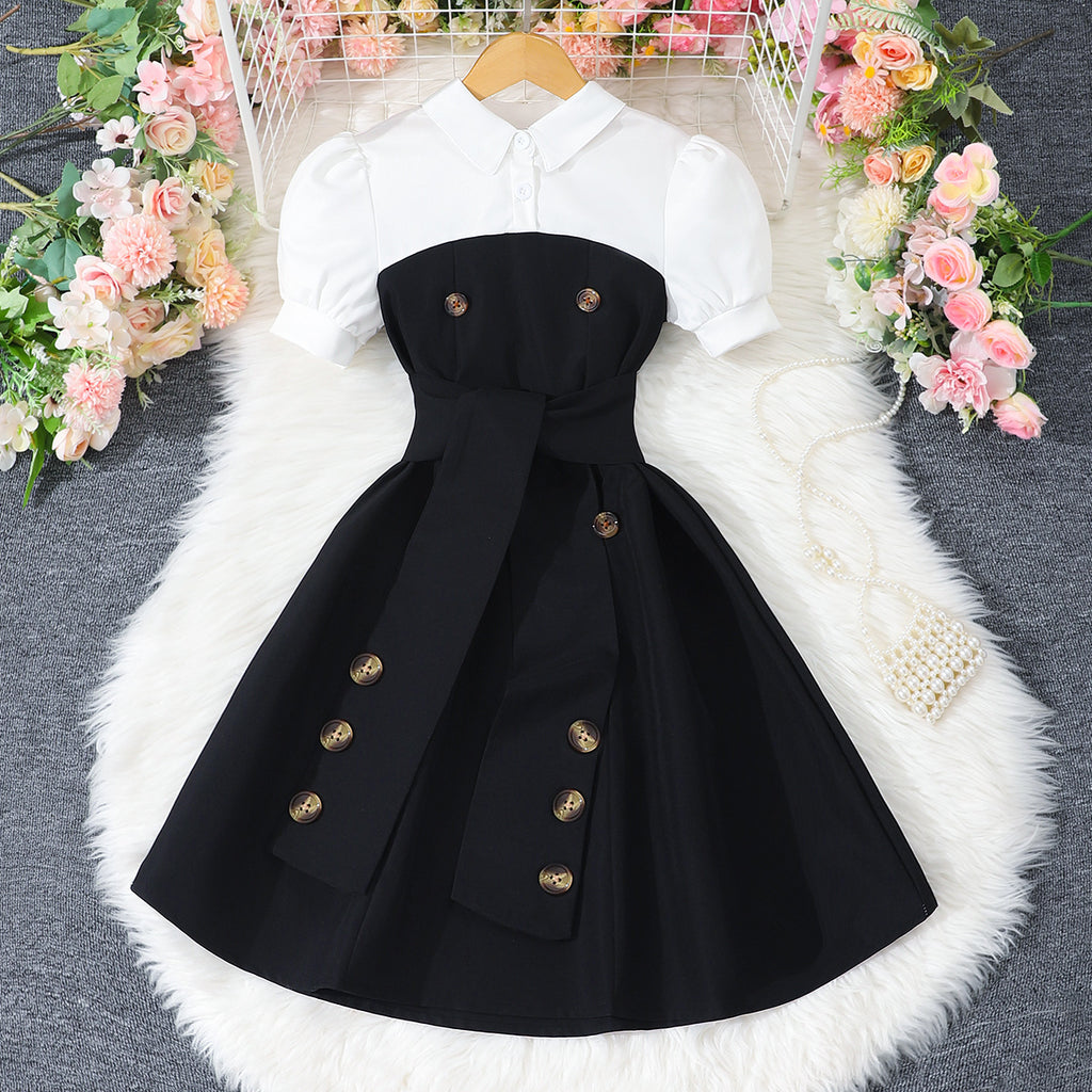 Girls Black Polo Neck Flared Dress with Wide Belt Casual Dresses Black 7-8 Y