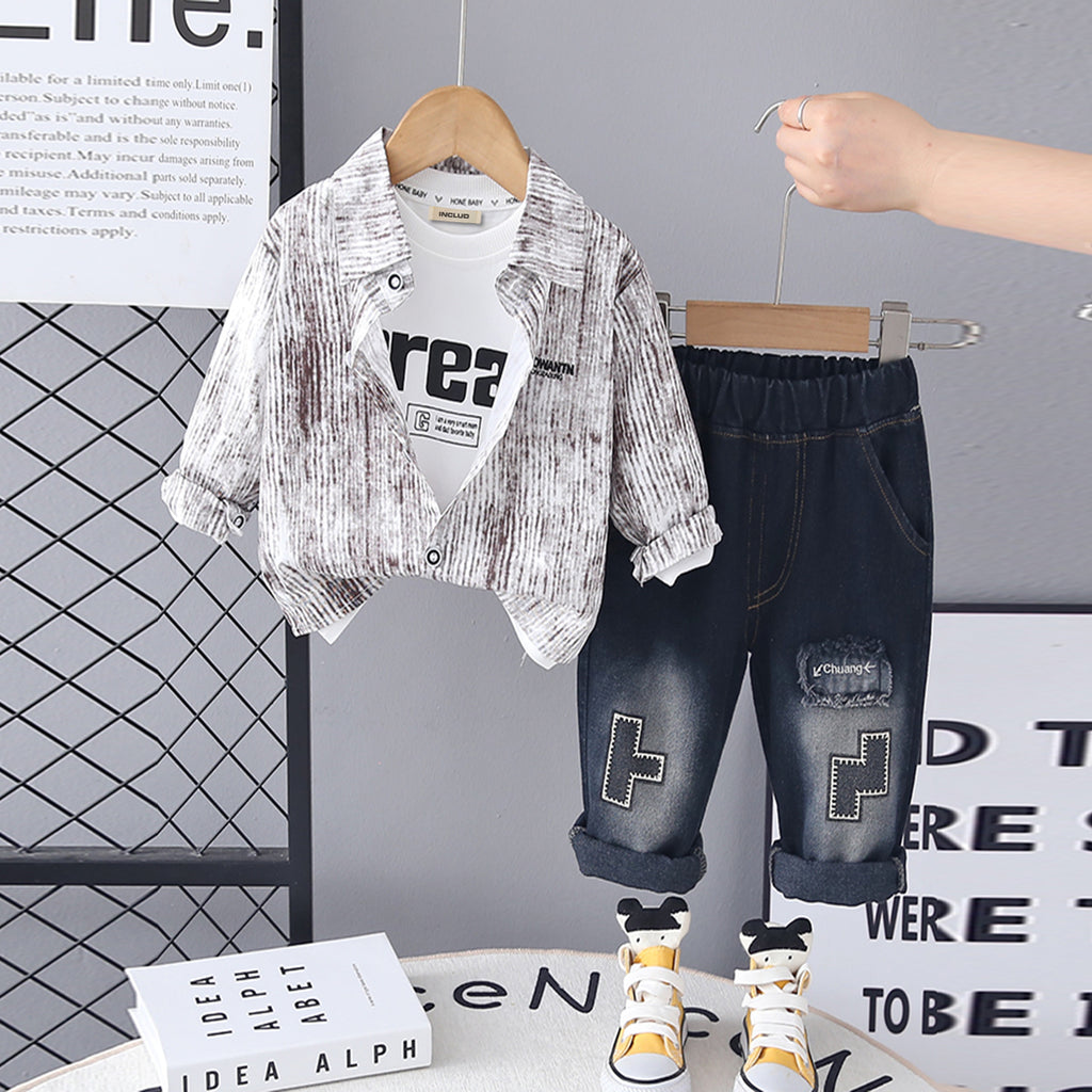Boys Brown Abstract Printed Shirt With Printed T-Shirt & Denim Pants Set Sets Brown 1-2 Y