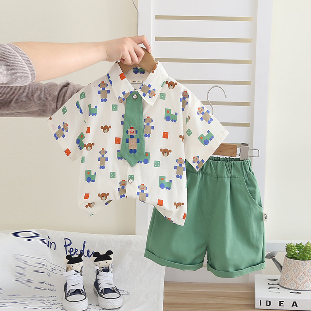 Boys Printed Shirt With Green Neck Tie And Shorts Set 3 pc. Sets