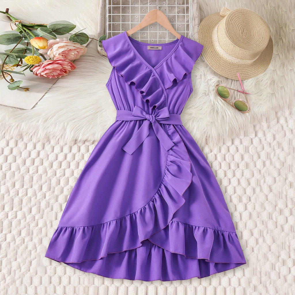 Girls Purple Sleeveless V-Neck Bottom Ruffled Dress Casual Dresses Purple 7-8 Y