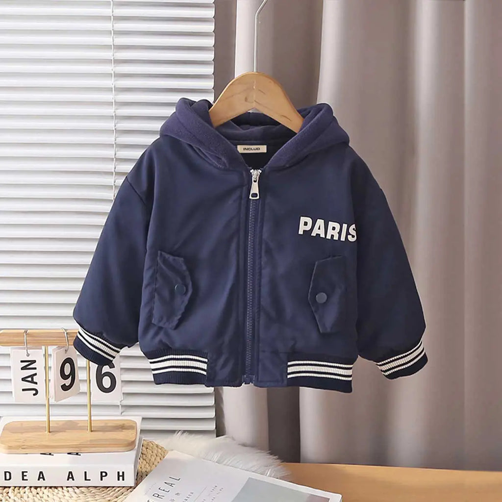 Boys Navy Blue Typographic Printed Hooded Zipper Jacket Coats & Jackets Navy Blue 1-2 Y