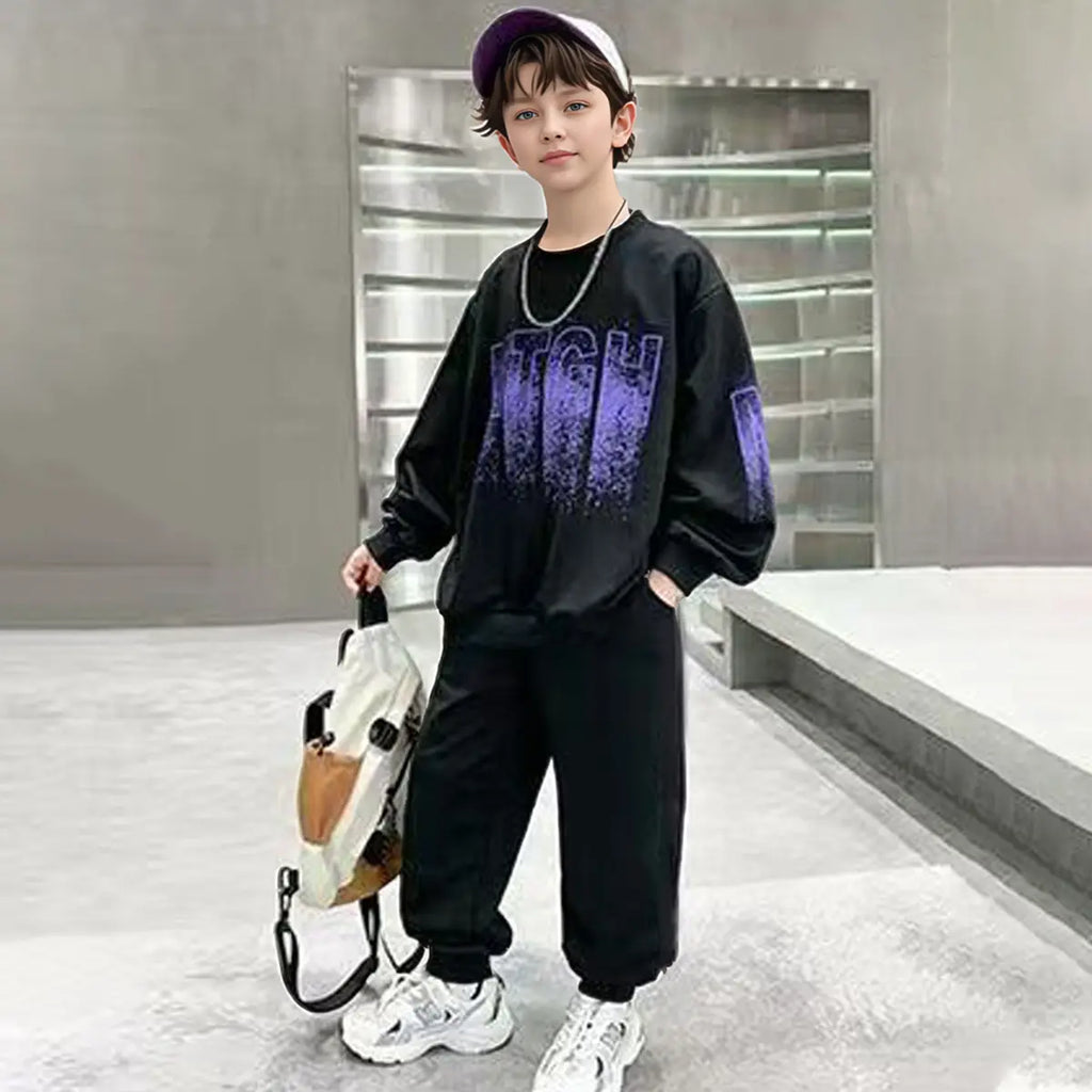 Boys Purple Typographic Printed Sweatshirt With Jogger Sets Sets Purple 5-6 Y