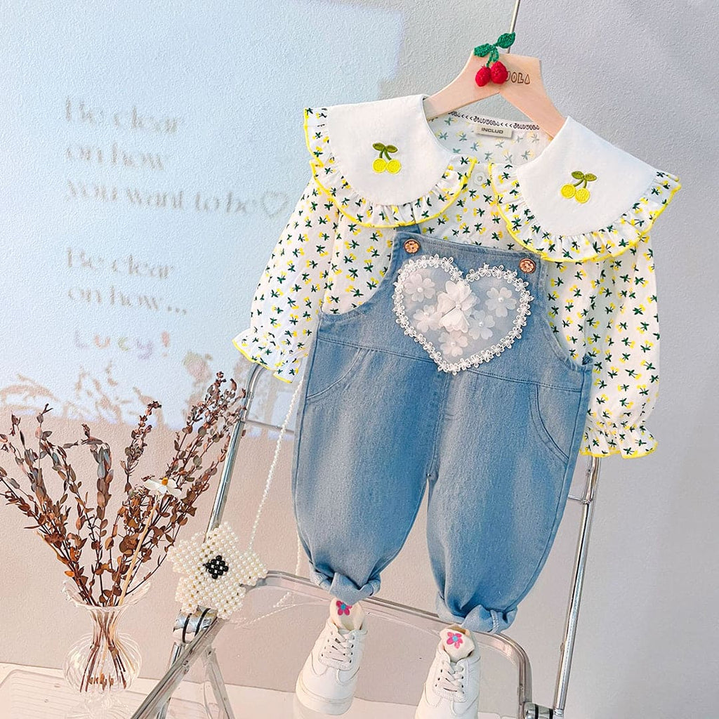 Girls Yellow  Long Sleeve Floral Print Top With Denim Dungaree Sets Yellow 1-2 Y 