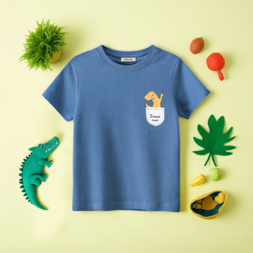 Boys Dinosaur Print Short Sleeves T-Shirt Tshirts Blue 7-8 Y 