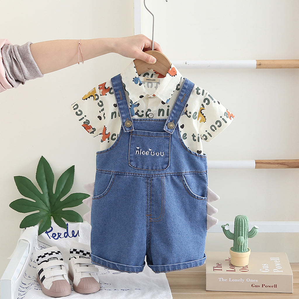 Boys Green Typographic Printed Short Sleeves Shirt With Denim Dungaree Set 2 pc. Sets Green 1-2 Y