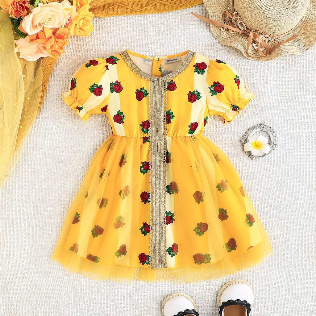 Girls Yellow Strawberry Printed Puff Sleeves Dress Casual Dresses Yellow 3-4 Y