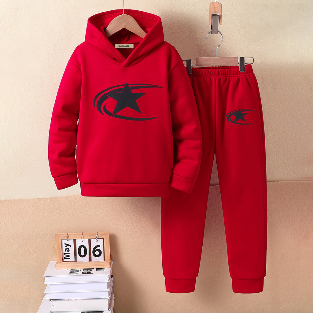 Boys Red Star Printed Hooded Sweatshirt with Joggers Set Sets Red 5-6 Y