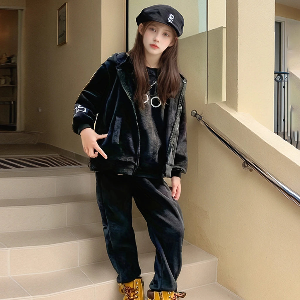 Girls Black Typographic Printed Sweatshirt With Sleeveless Hooded Jacket & Jogger Sets 4 pc. Sets Black 5-6 Y