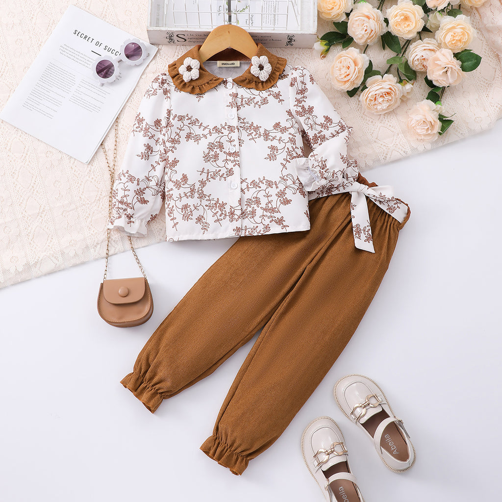 Girls Brown Leaf Printed Top With Pants Sets 2 pc. Sets Brown 3-4 Y