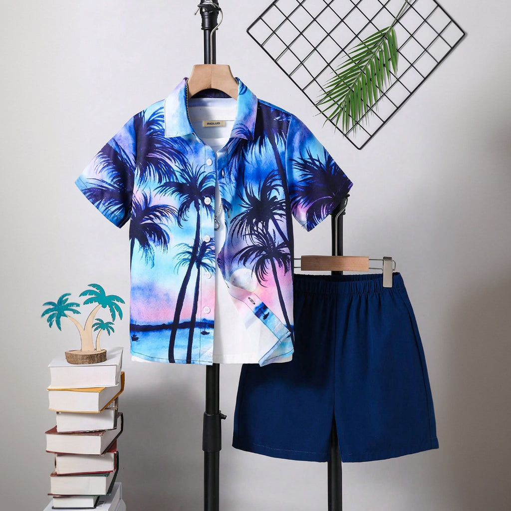 Boys Blue Tropical Printed Short Sleeves Shirt With Shorts Set 2 pc. Sets Blue 5-6 Y