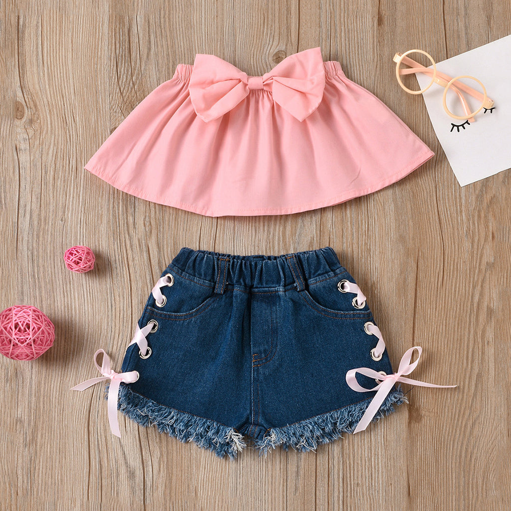 Girls Bow Applique Cold Shoulder Top With Denim Shorts Set Sets Pink 1-2 Y 