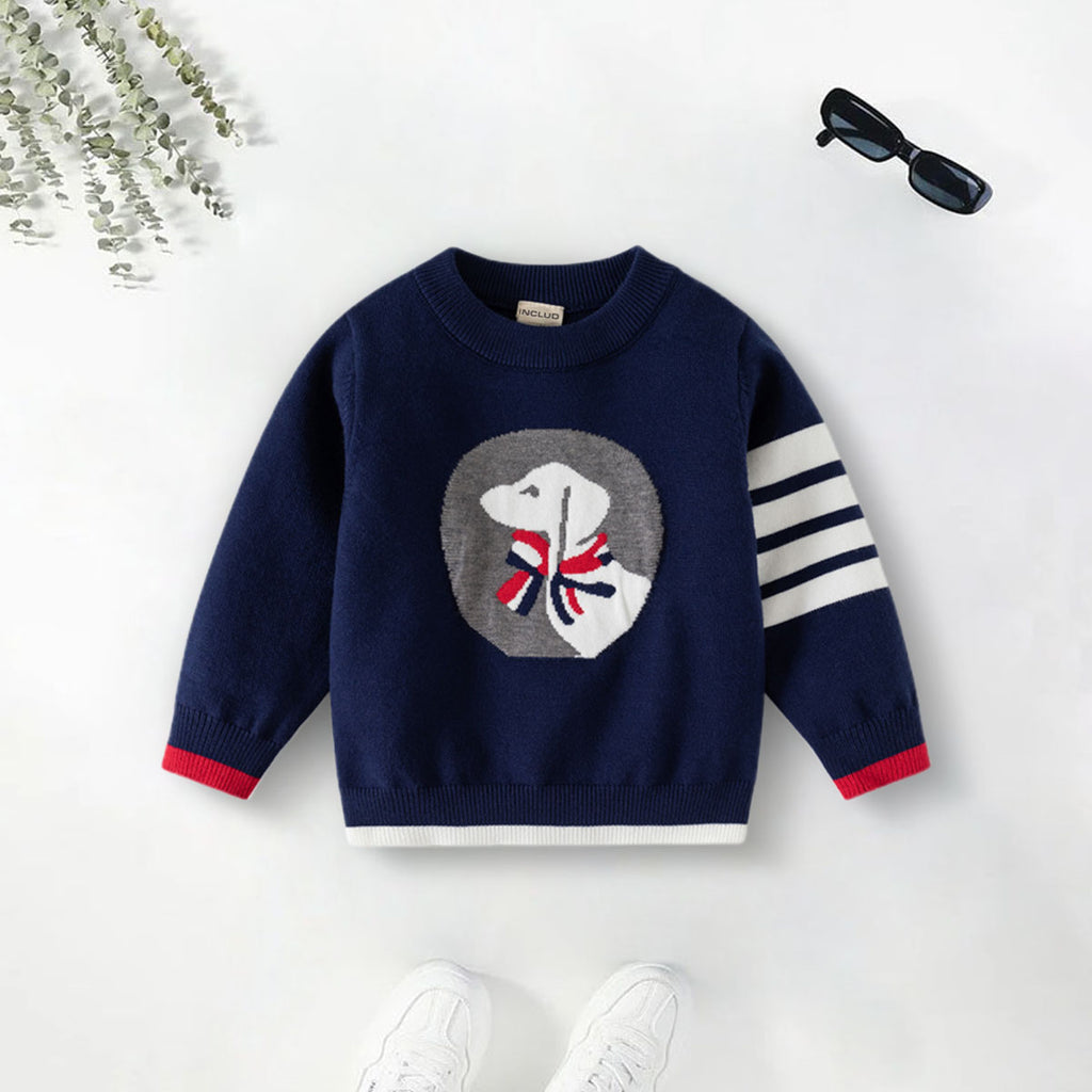 Boys Navy Blue Regular Sweater With Self-Design Puppy Patterns Sweaters & Cardigans Navy Blue 2-3 Y