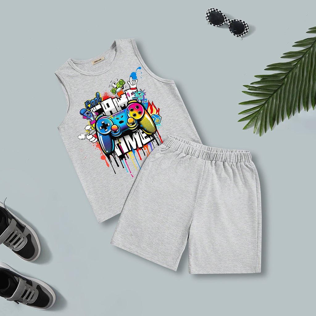 Boys Grey Sleeveless Graphic Vest With Shorts Set 2 pc. Sets