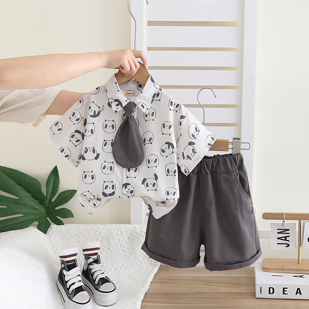 Boys Printed Short Sleeves Shirt With Dark Grey Shorts Set 2 pc. Sets Dark Grey 1-2 Y