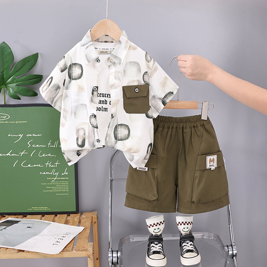 Boys Contrast Front Pocket Printed Shirt With Green Shorts Set 2 pc. Sets Green 1-2 Y