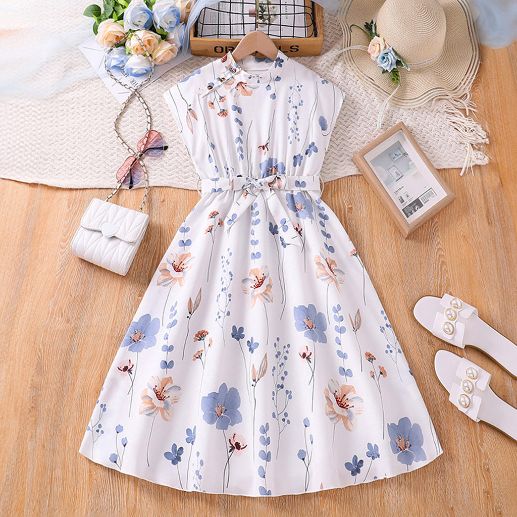 Girls Extended Sleeve Floral Print Fit & Flare Dress Casual Dresses White 7-8 Y 