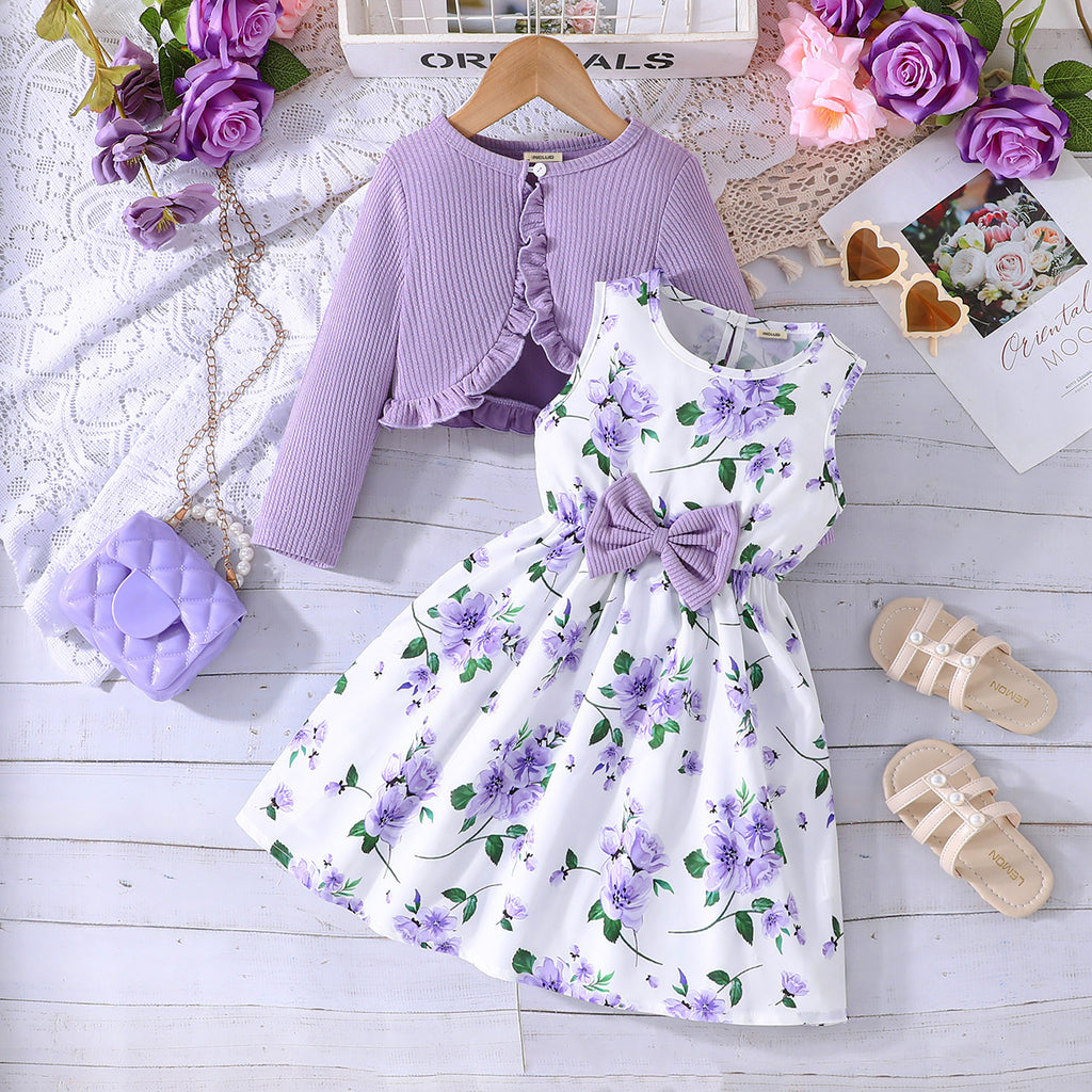 Girls Purple Floral Printed Fit And Flared Dress With Shrug Casual Dresses Purple 2-3 Y