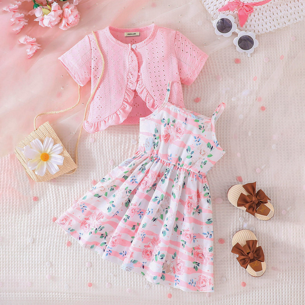 Girls Pink Short Sleeve Top With Floral Print Fit & Flare Dress Casual Dresses Pink 2-3 Y