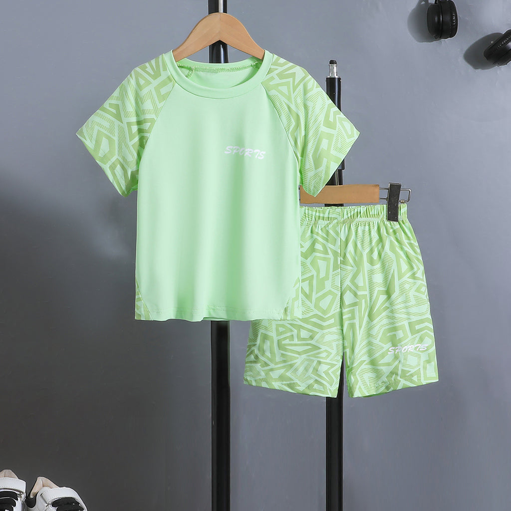 Boys Green Raglan Sleeve T-Shirt With Printed Shorts Set 2 pc. Sets Green 3-4 Y