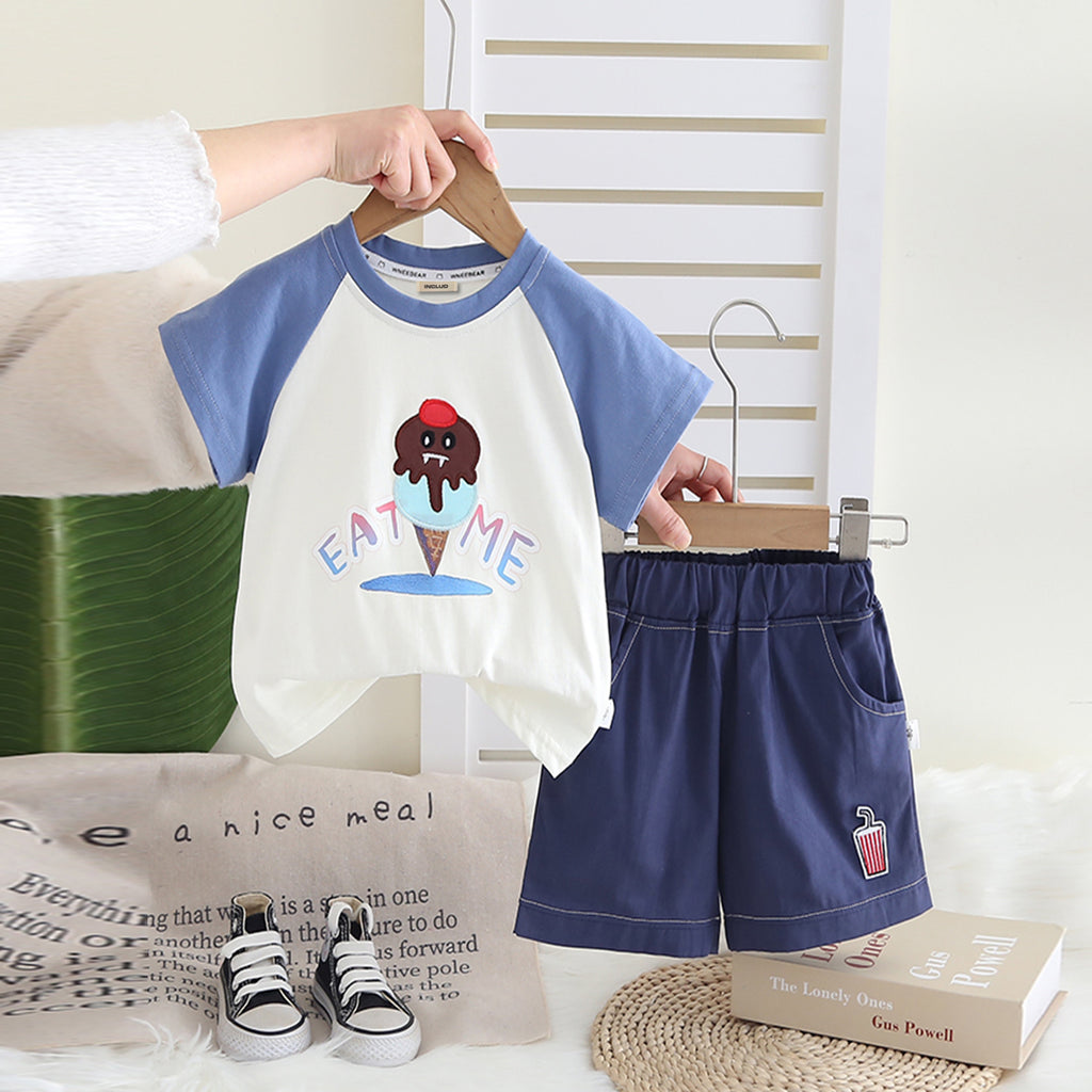 Boys Blue Graphic Raglan Sleeves T-Shirt With Shorts Set 2 pc. Sets Blue 1-2 Y