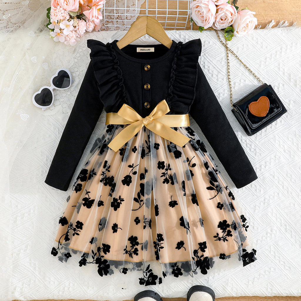 Girls Black Floral Fit & Flare Winter Casual Dresses Casual Dresses Black 3-4 Y