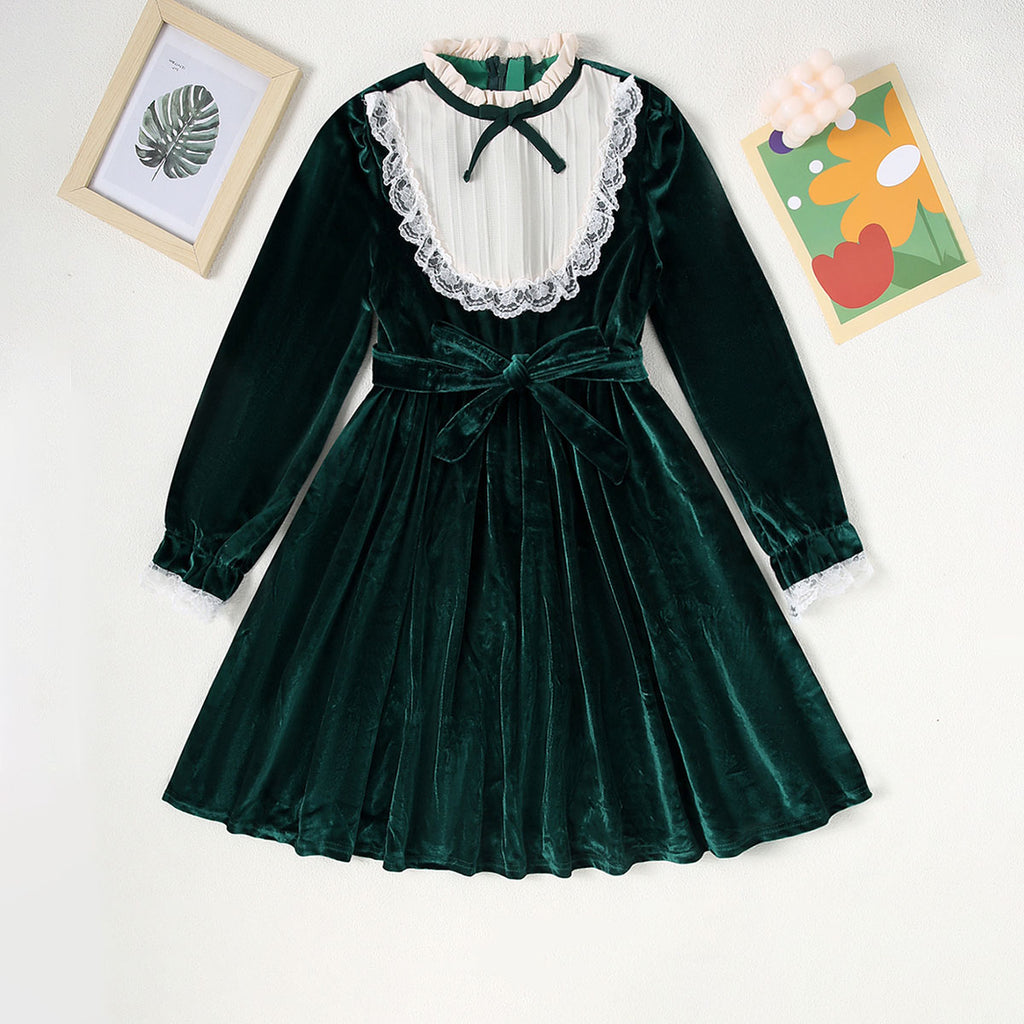 Girls Green Lace inserted Fit & Flare Velvet Winter Wear Dresses Casual Dresses Green 9-10 Y