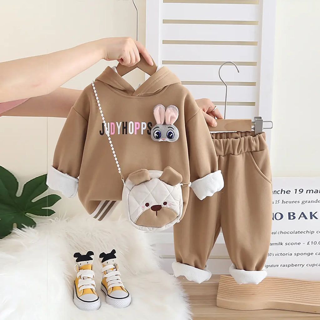 Girls Khaki Applique Hoodies Sweatshirt With Pants & Bag Sets 3 pc. Sets Khaki 2-3 Y