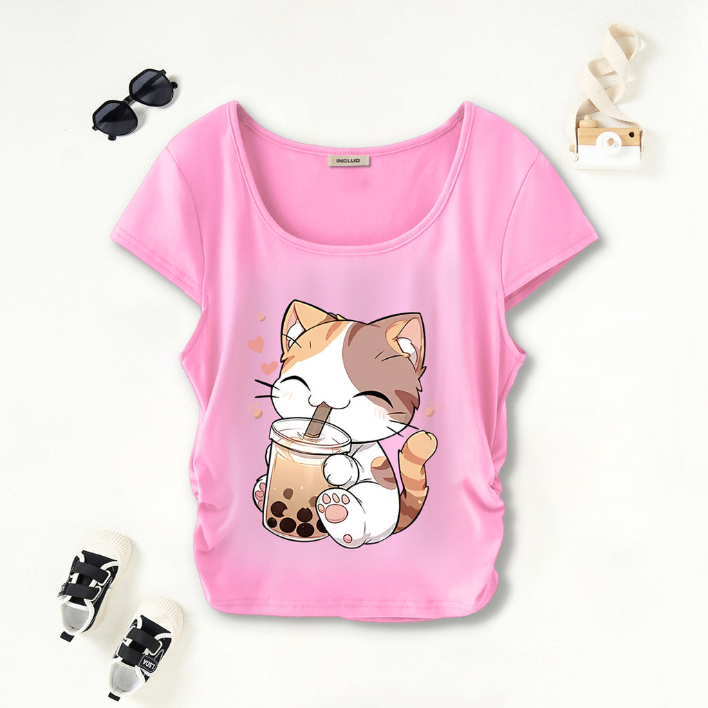 Girls Light Pink Cat Graphic Short Sleeves Scoop Neck T-Shirt Tshirts Light Pink 7-8 Y
