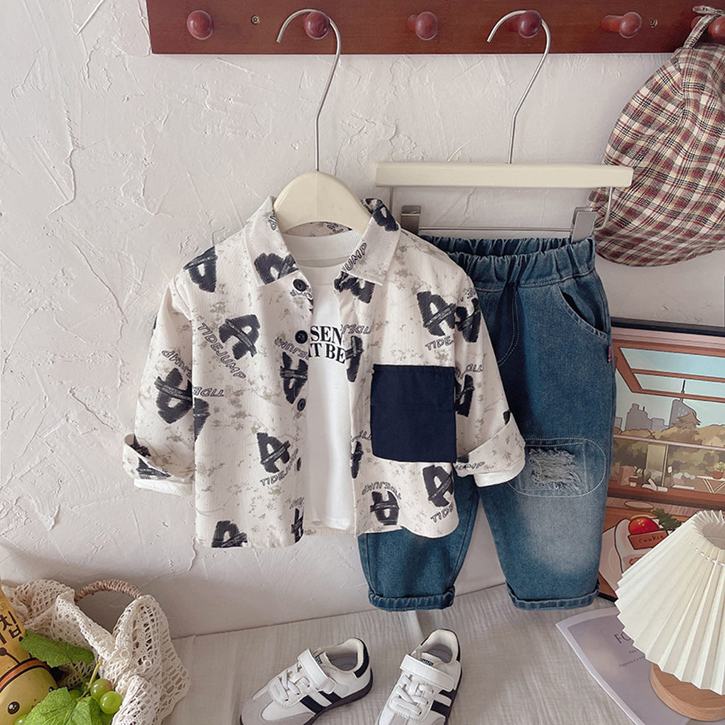 Boys Off White Alphabet Printed Shirt With T-Shirt & Denim Pants Set Sets Off White 1-2 Y
