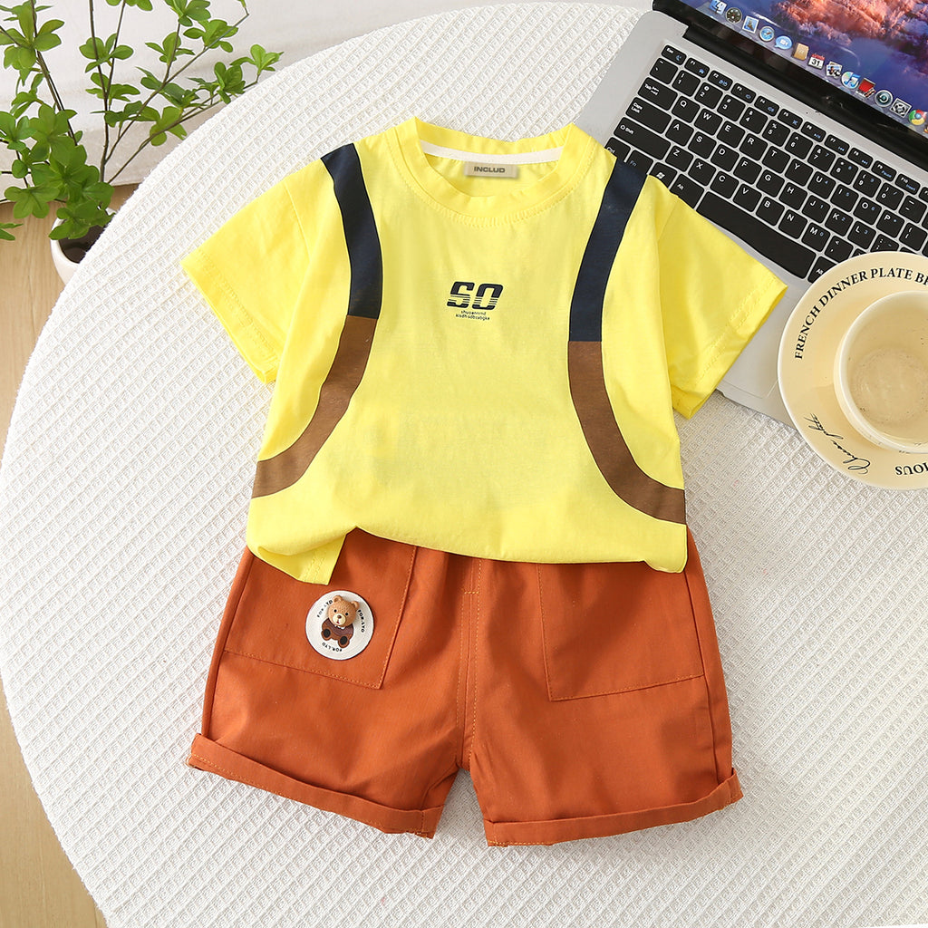 Boys Yellow Backpack Printed T-shirt with Shorts Set Sets Yellow 1-2 Y