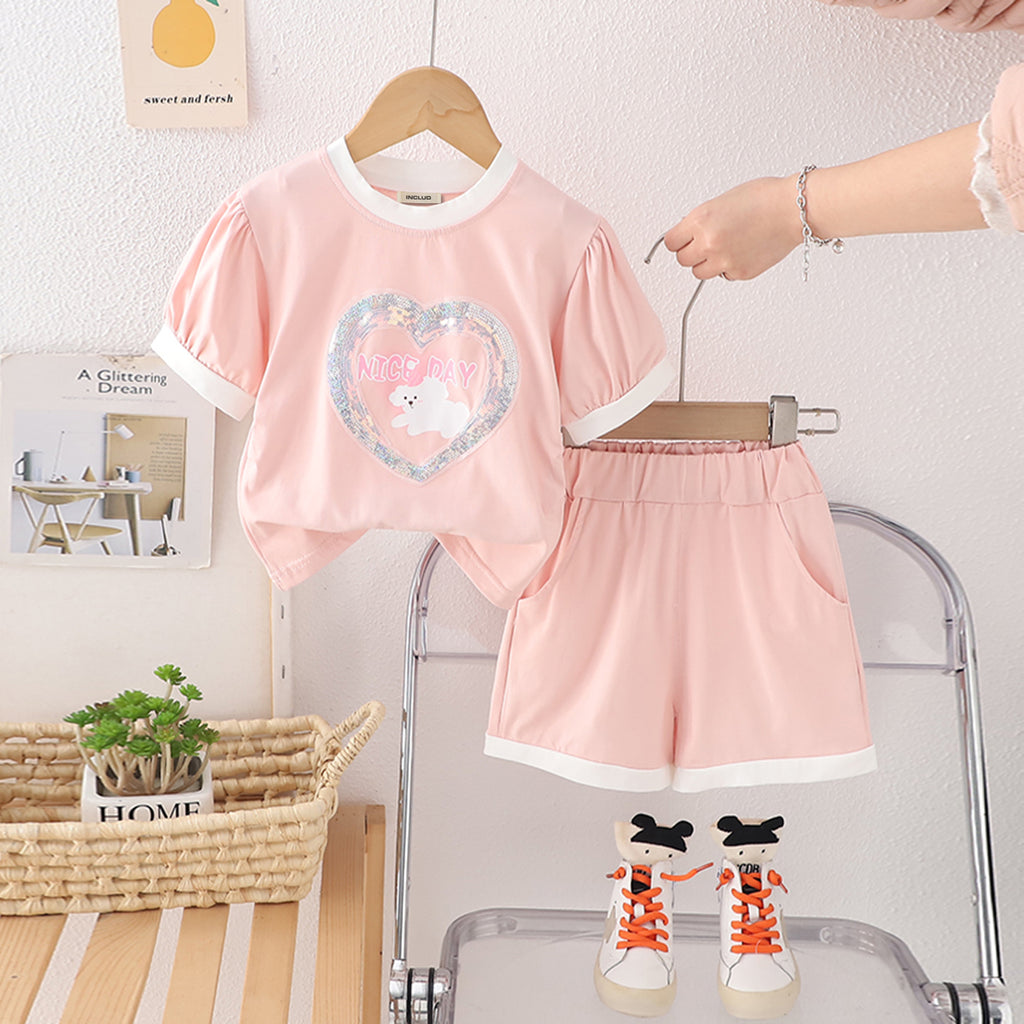 Girls Peach Heart Sequined Puff Sleeves Top With Shorts Set 2 pc. Sets Peach 1-2 Y