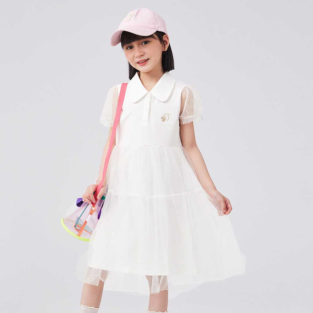 Girls Empire Line Tulle Overlay Casual Dress Casual Dresses White 6-7 Y 