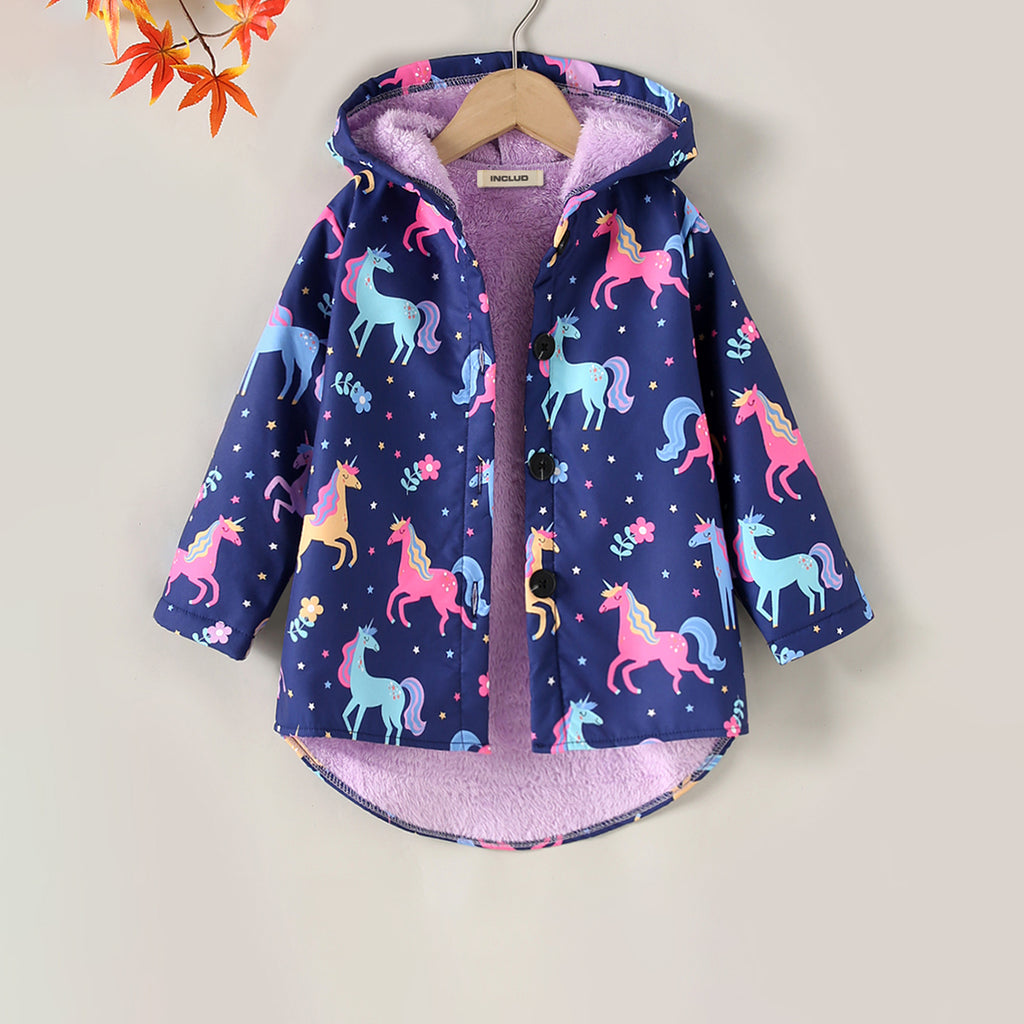 Girls Navy Blue Unicorn Printed Jackets With Fur Lining Coats & Jackets Navy Blue 3-4 Y