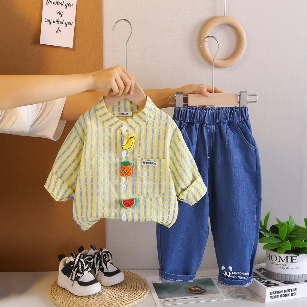 Boys Yellow Stripes Fruits Applique Shirt With Denim Pants Set 2 pc. Sets Yellow 1-2 Y