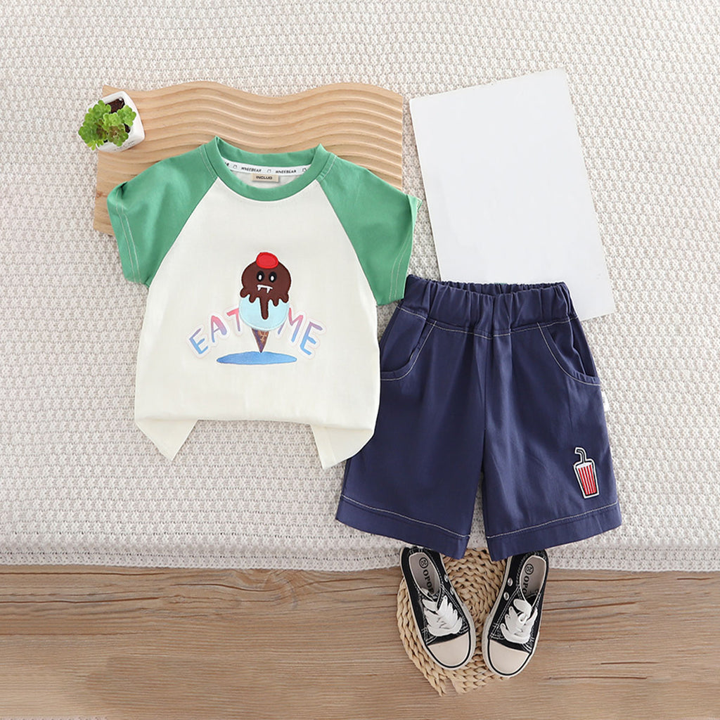 Boys Green Graphic Raglan Sleeves T-Shirt With Shorts Set 2 pc. Sets Green 1-2 Y