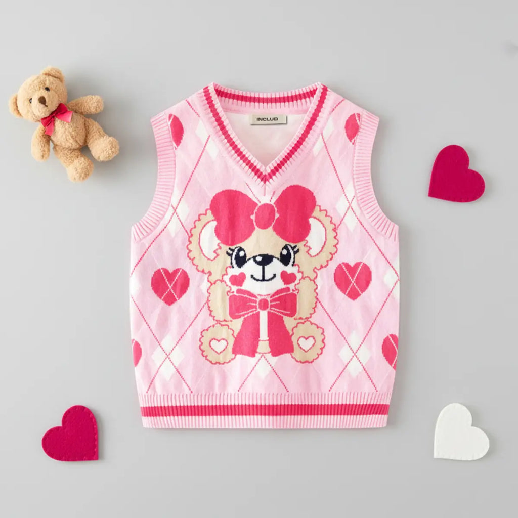 Girls Pink Self-Design Bear Cartoon Sweater Vest Sweaters & Cardigans Pink 2-3 Y