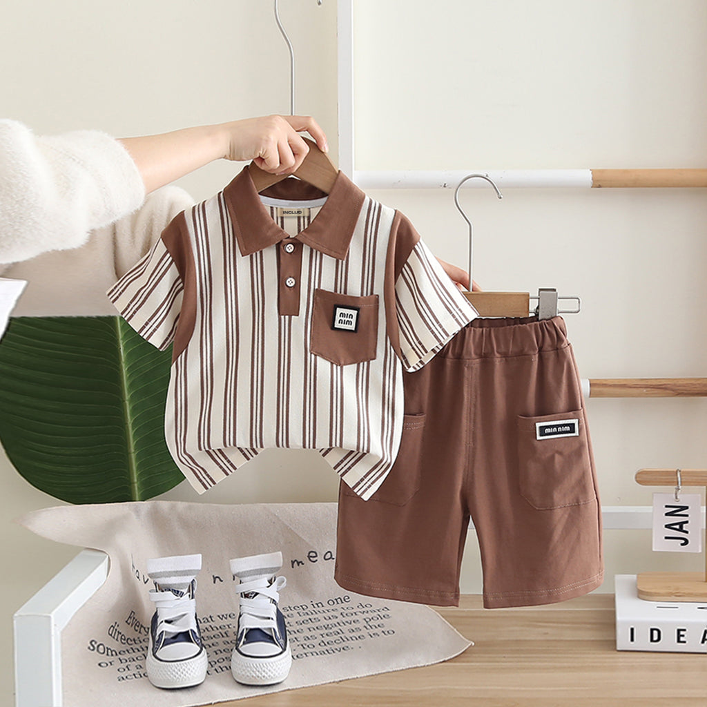 Boys Brown Striped Contrast Collared Polo T-Shirt With Shorts Set 2 pc. Sets Brown 1-2 Y