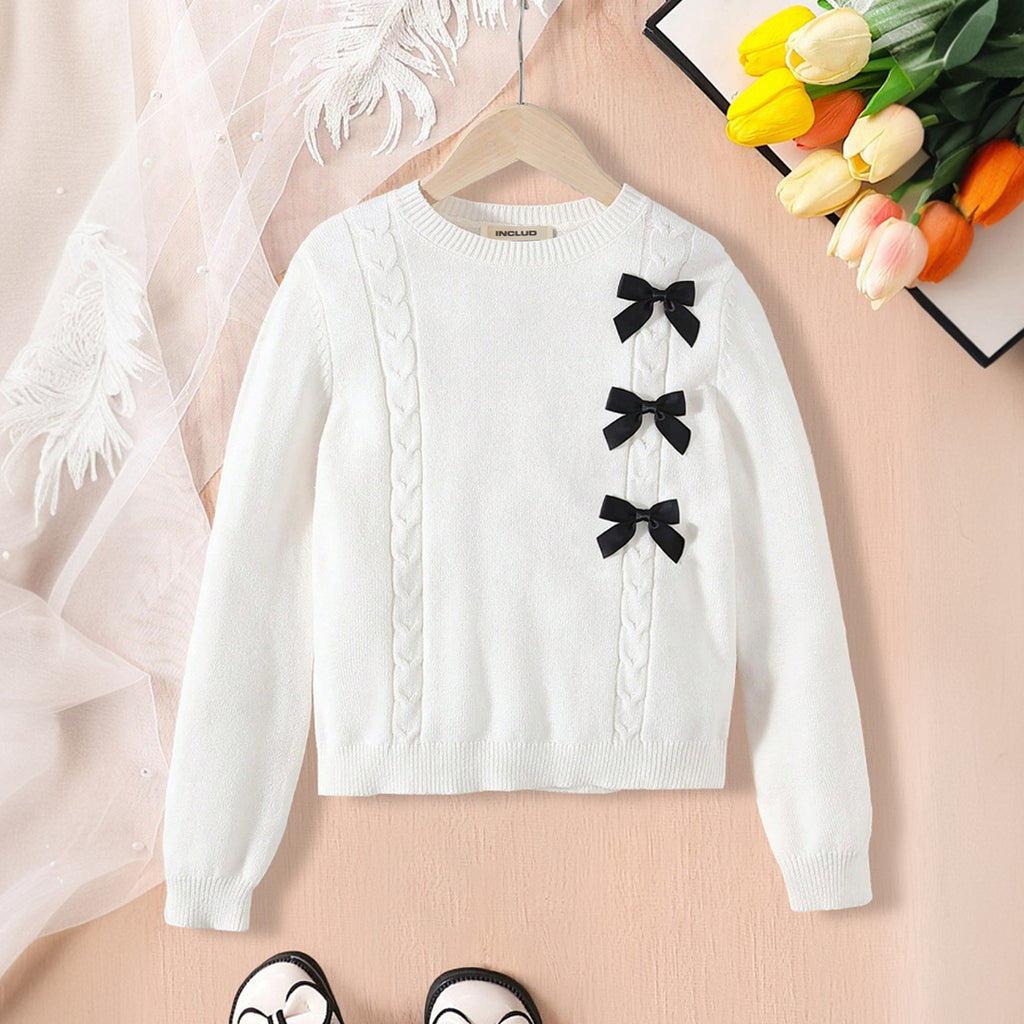 Girls White Self-Designed Bow Detailed Pullover Winter Sweater Sweaters & Cardigans White 7-8 Y