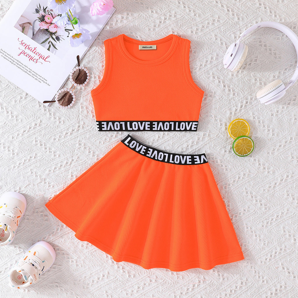 Girls Neon Orange Sleeveless Crop Top With Flared Skirt Set 2 pc. Sets Orange 2-3 Y