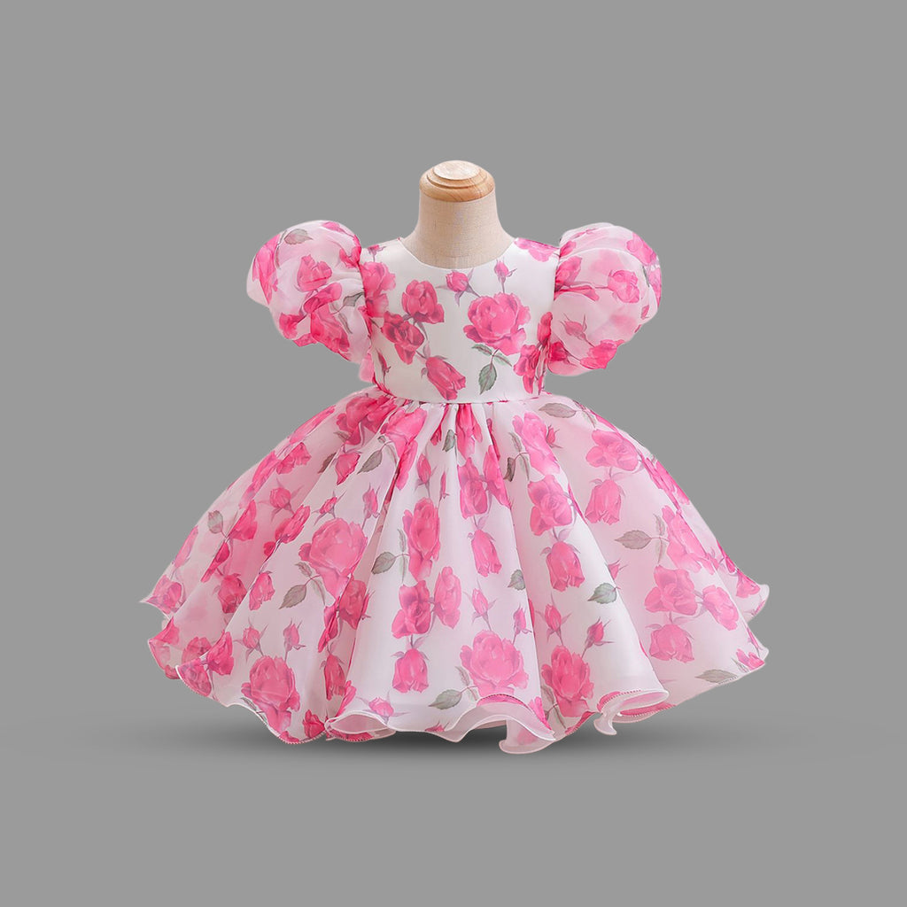 Girls Floral Print Puff Sleeves Party Dress Party Dresses Pink 1-2 Y
