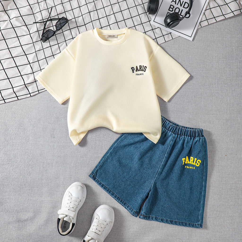 Boys Apricot Short Sleeves Round Neck T-Shirt With Denim Shorts Set 2 pc. Sets