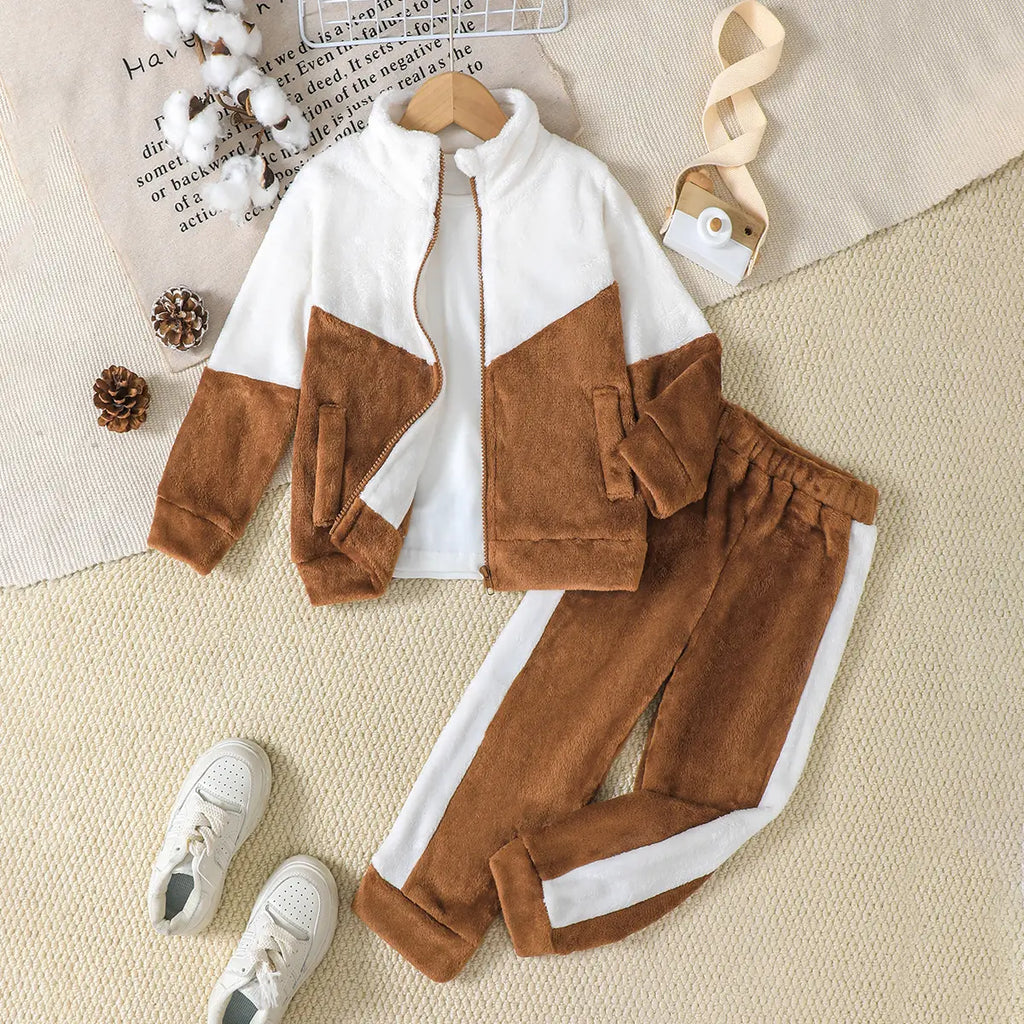 Boys Brown Color-blocked Hight Neck Sweatshirt With Elasticated Pants Sets 2 pc. Sets Brown 3-4 Y
