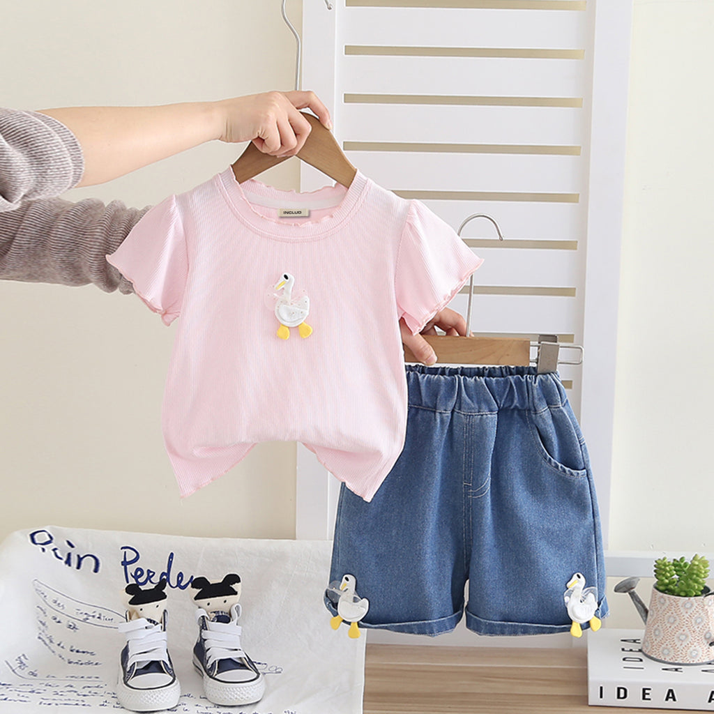 Girls Light Pink Applique T-Shirt With Denim Shorts Set 2 pc. Sets Light Pink 1-2 Y