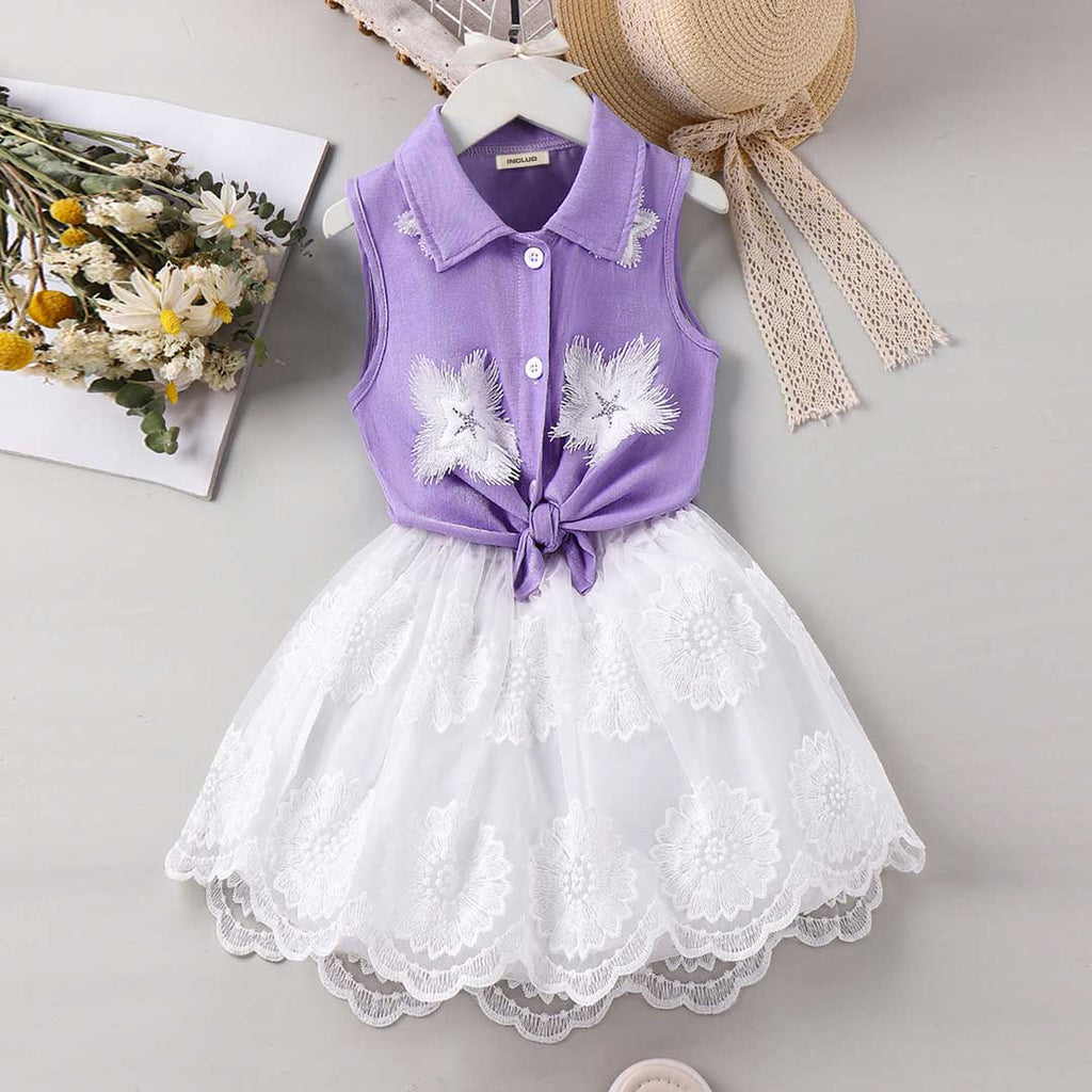 Girls Sleeveless Floral Applique Shirt With Skirt Set 2 pc. Sets Purple 4-5 Y 
