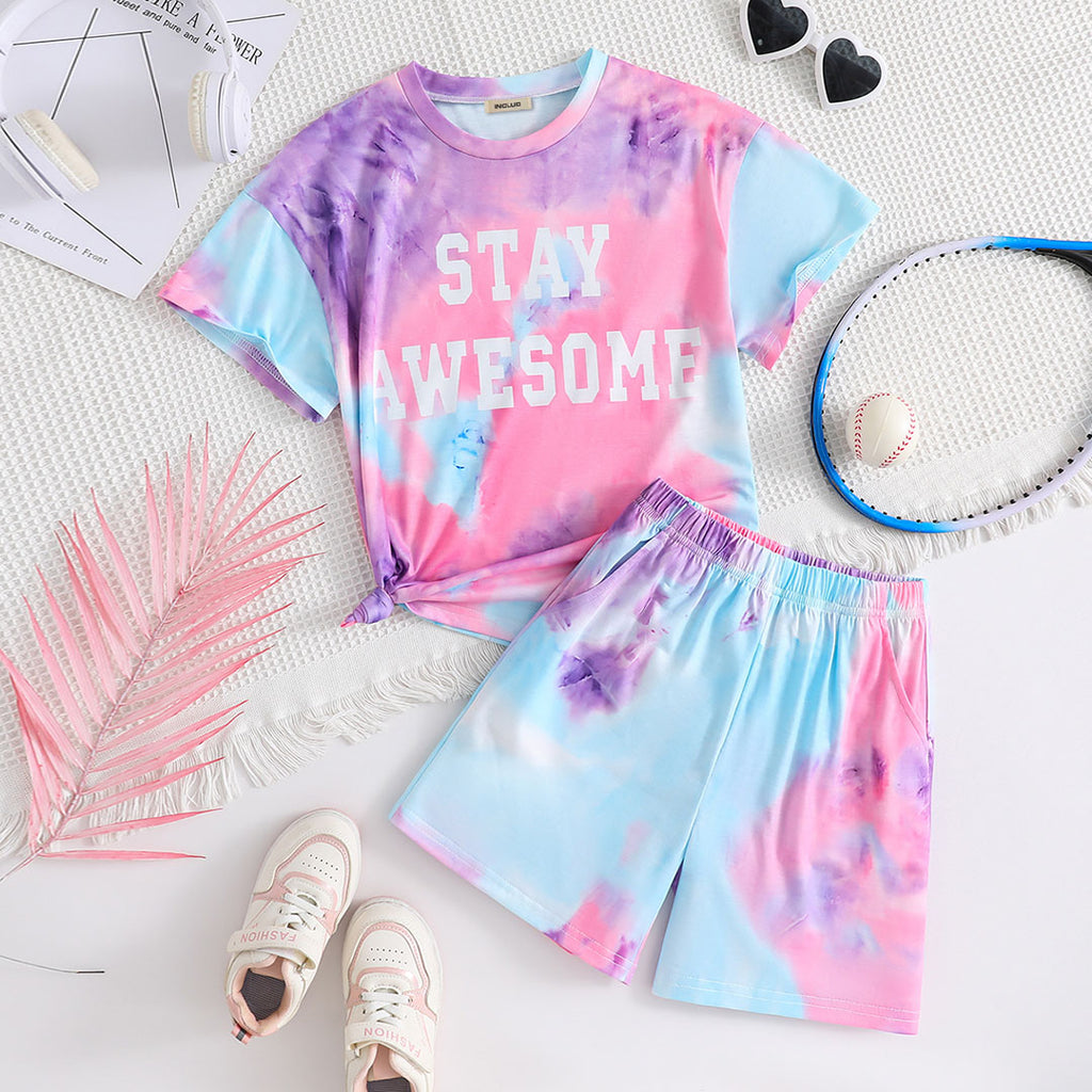 Girls Sky Blue Tie & Dye Printed T-Shirt With Shorts Set 2 pc. Sets Sky Blue 5-6 Y
